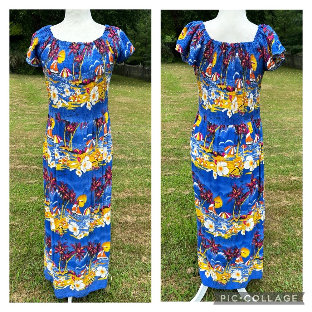 Vintage Blue Hawaiian Tropical Sailing Print Smocked Cap Sleeve Maxi Dress M